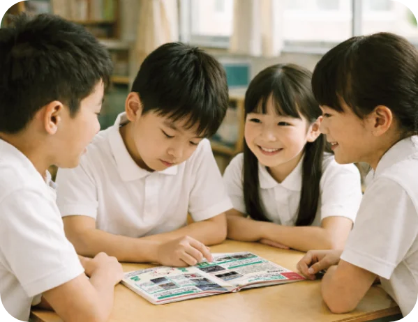 本を読んで調べる生徒たち